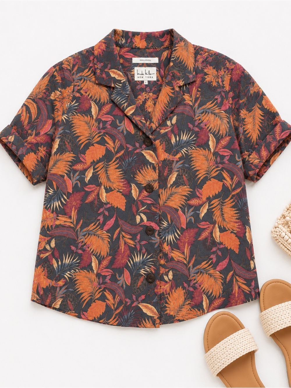 Nicole Miller New York Tropical Lyocell Camp Shirt Large Resort Button Front